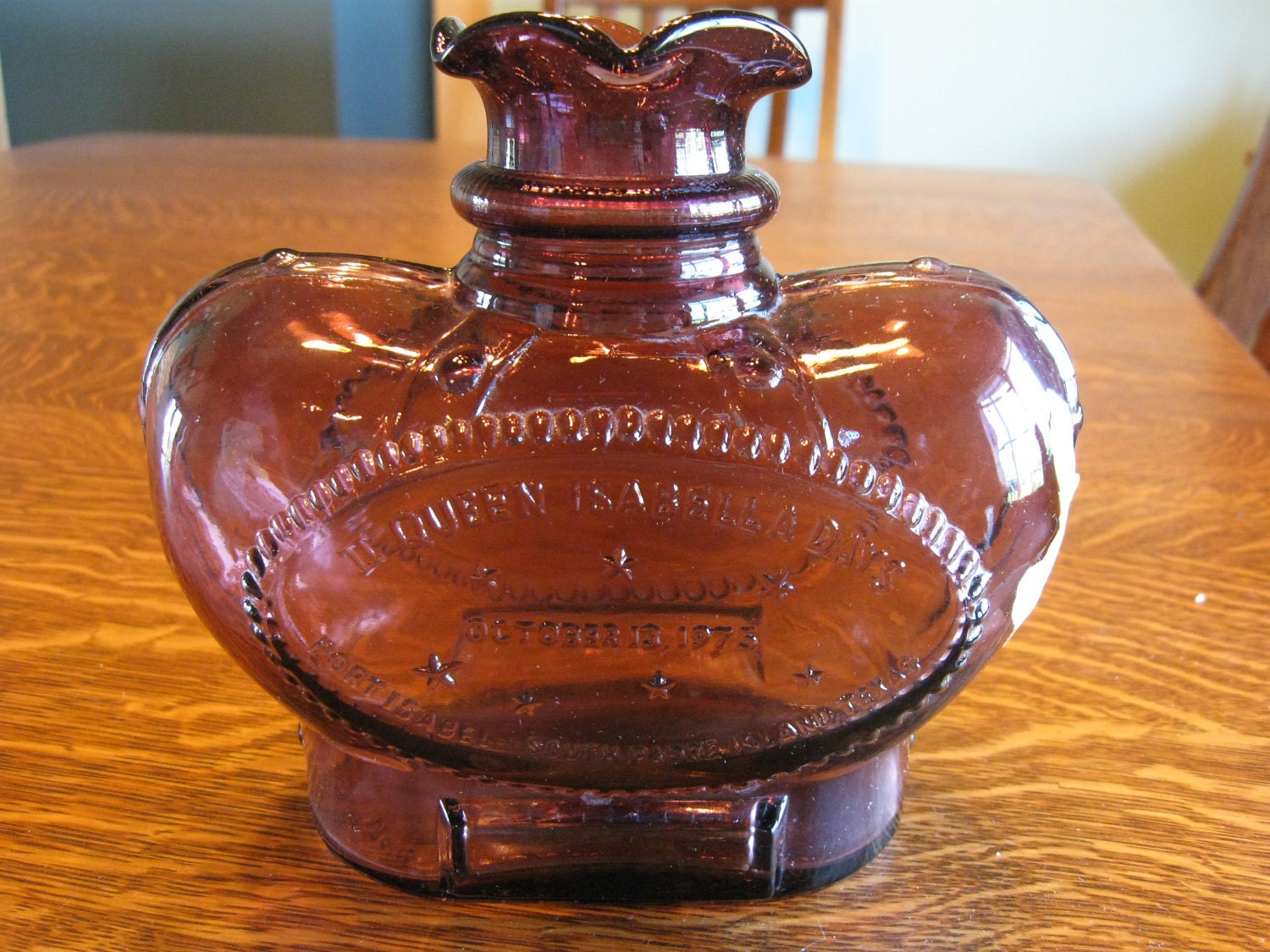 Vintage commemorative hand blown glass bottle from the Queen Isabella Days Texas 1975