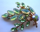 Gorgeous Vintage Brooch with Green Glass and AB Stones