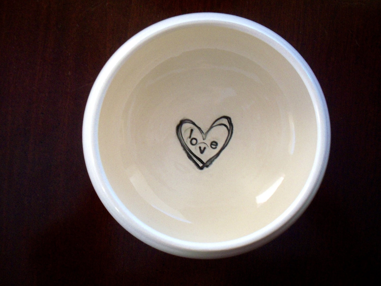 Bowl, Stamped with Heart and LOVE, White and Black, Handmade Pottery, Gift Boxed, Ready to Ship