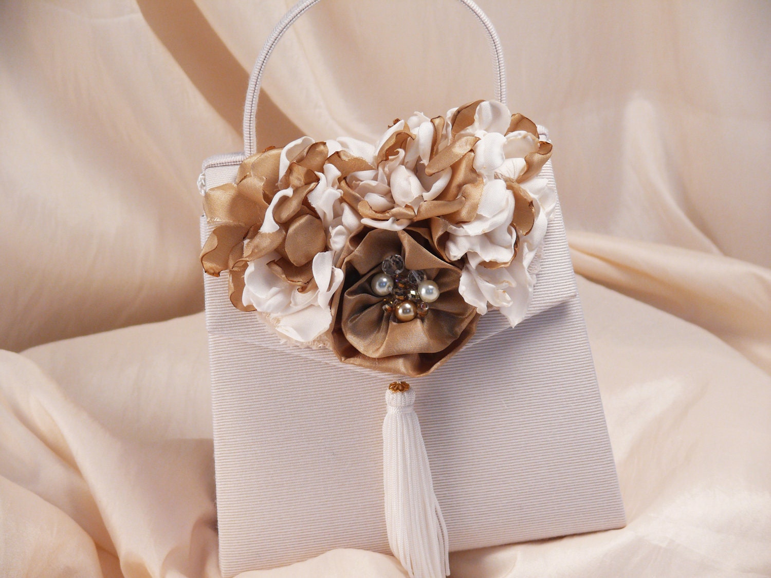 Bridal or Evening Clutch Bag in Ivory and Taupe Flowers Beaded with Pearls Crystals