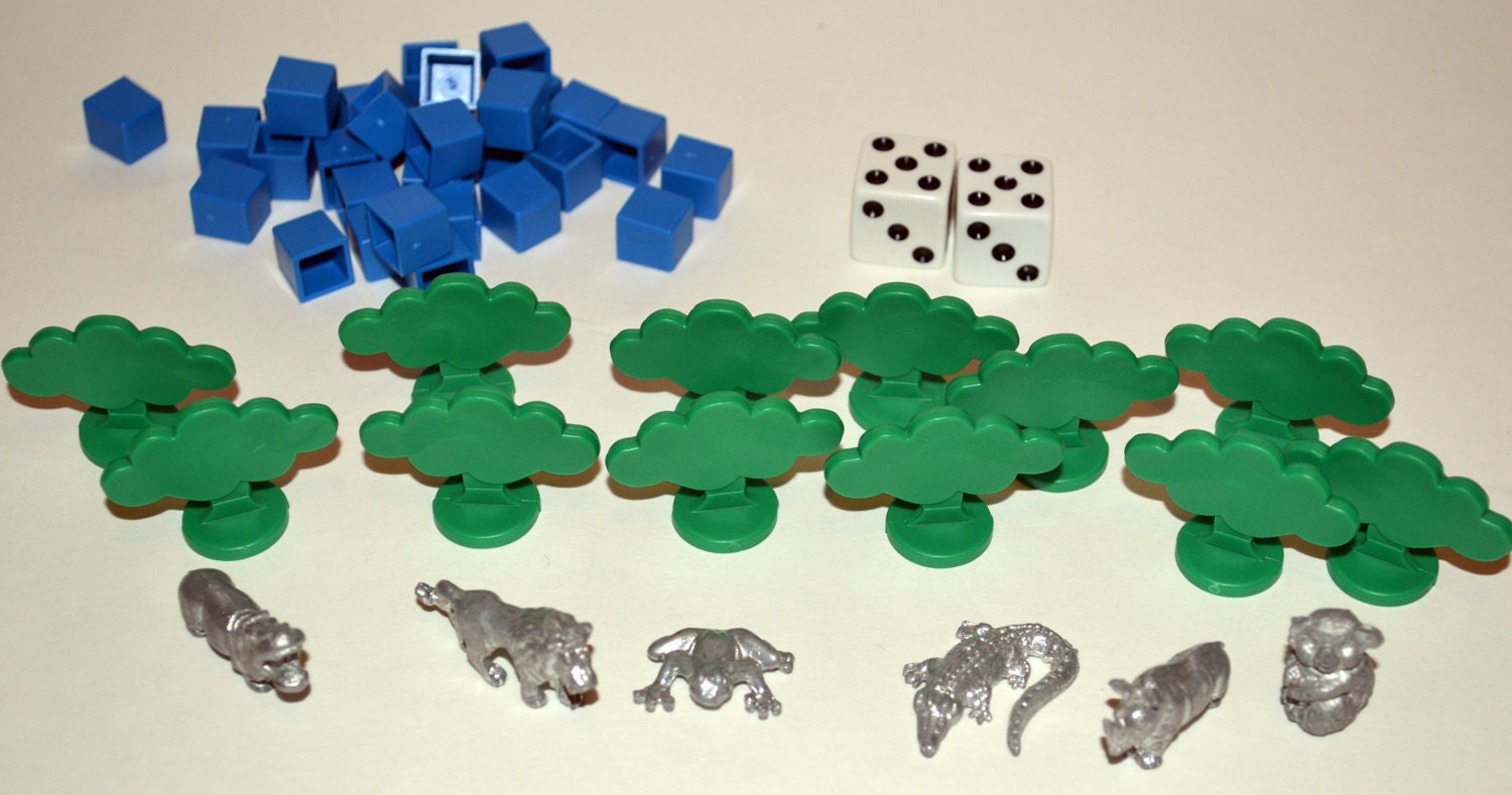 Monopoly Animal Tokens, Set of Pewter tokens from an Animalopoly Game. Lion, Frog, Alligator, Rhino, Hippo, Koala Bear