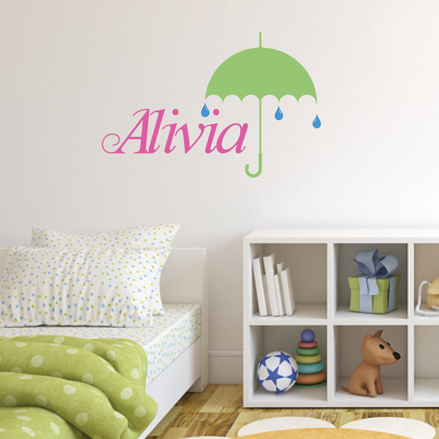 Children's Room Decor Custom Name with Umbrella and Raindrops - Removable Vinyl Decal - Great for Nursery or Girl's Bedroom