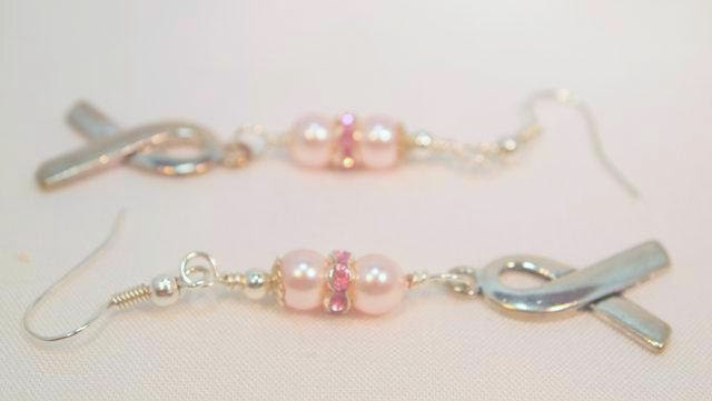 Breast Cancer Awareness, Pink Glass Pearls with Silver Ribbons Survivor Pierced Earrings. CKDesigns.us