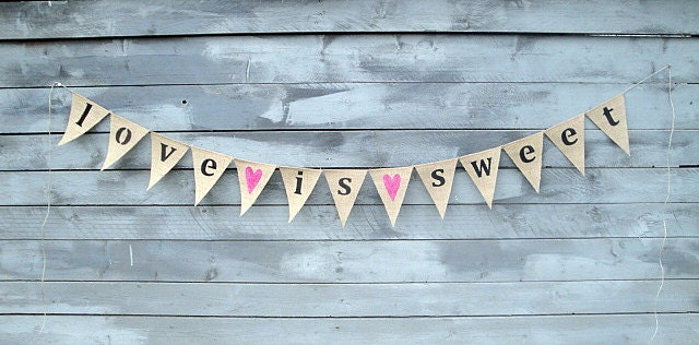 Love is sweet burlap banner with fuchsia pink glittered hearts, lowercase