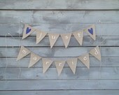 Just married burlap banner with navy blue hearts, lowercase