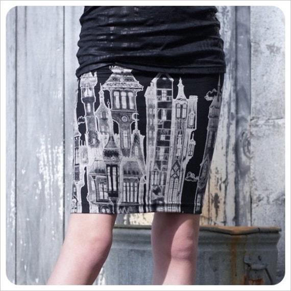 Black Pencil skirt - Skirt - Black Mini skirt - Black White - Printed skirt - MEDIUM