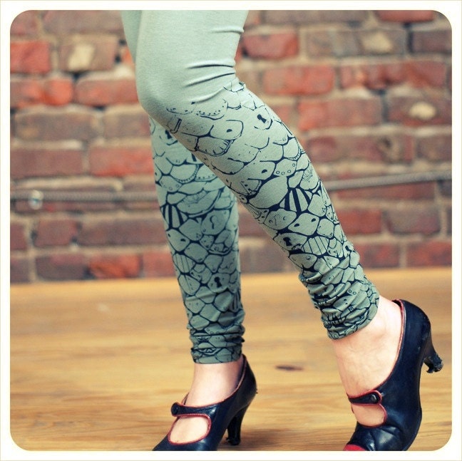 Steampunk Mermaid Leggings - Dusty OLIVE Green - Screenprint Cotton Steampunk Fantasy