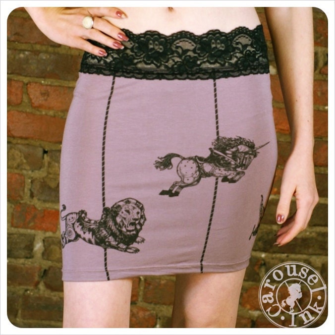 Pink Pencil Skirt - Carousel - Printed skirt - LARGE skirt