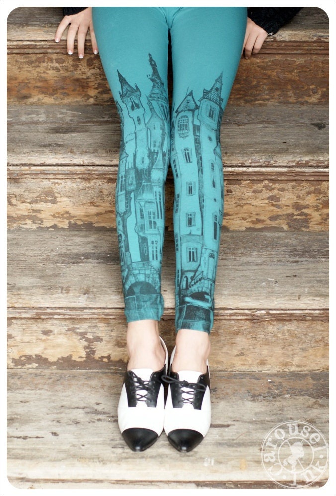 Printed Blue Leggings - Victorian City Leggings - Aqua Legging - SMALL Legging Tights