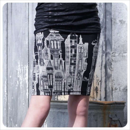 Black Pencil skirt - Skirt - Black Mini skirt - Black White - Printed skirt - MEDIUM