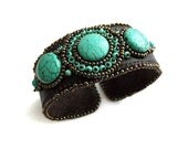 Turquoise brown leather bracelet, bead embroidered OOAK jewelry