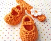 Baby Girl Orange Mary Jane Booties and Flowered Headband - Modern Crochet Infant Shower Set - 0 to 3 Months Size 1 Shoe - Gift Boxed