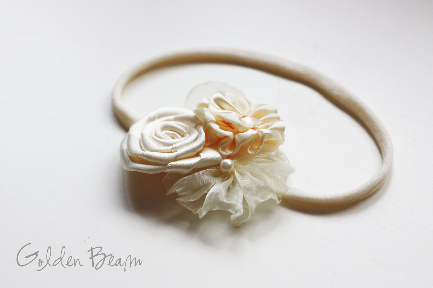 Flower Girl Headband -  Three Ivory Flowers Bouquet Handmade Headband