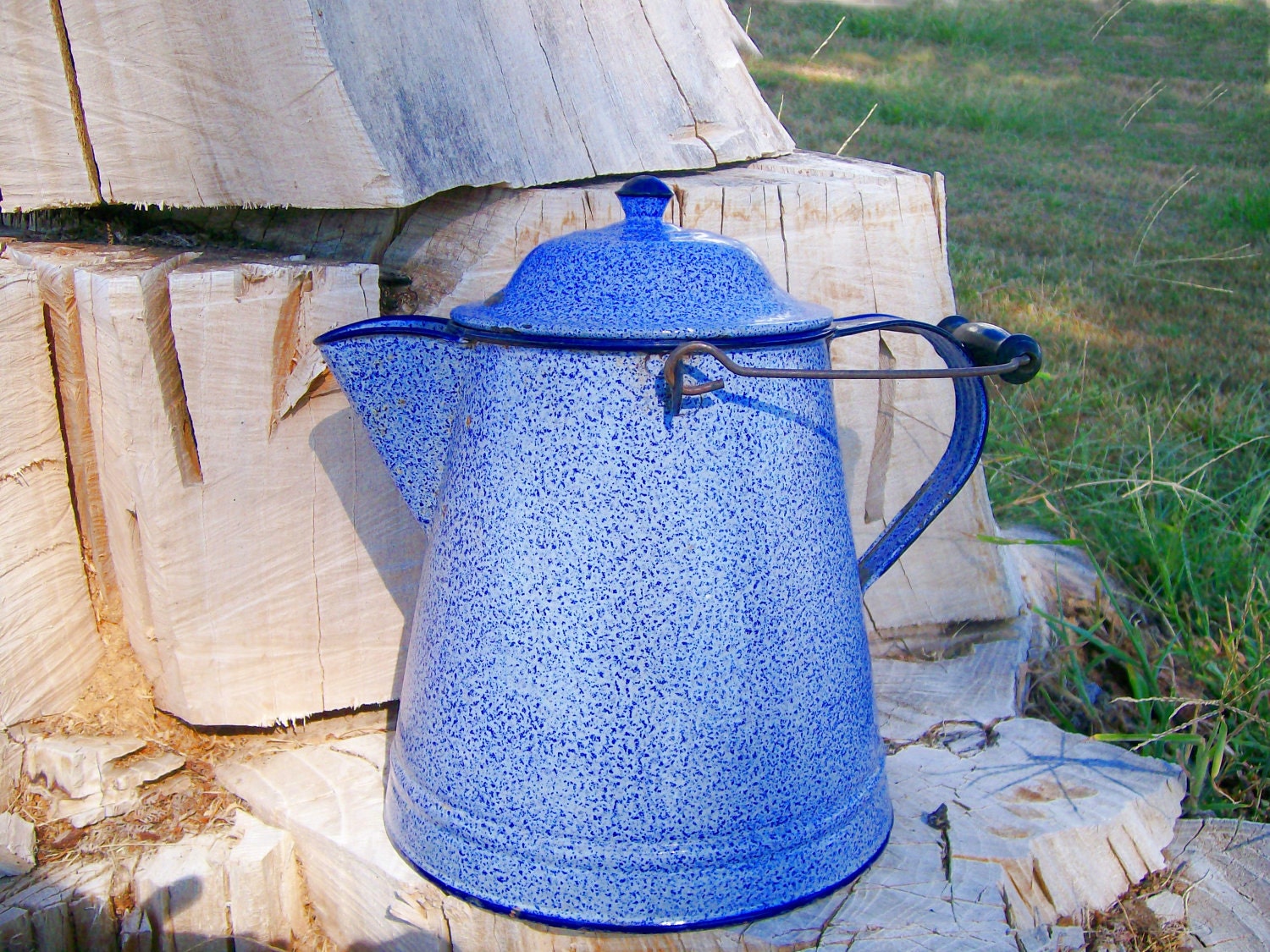Enamelware Coffee Pot - Large Blue Graniteware Tea Kettle