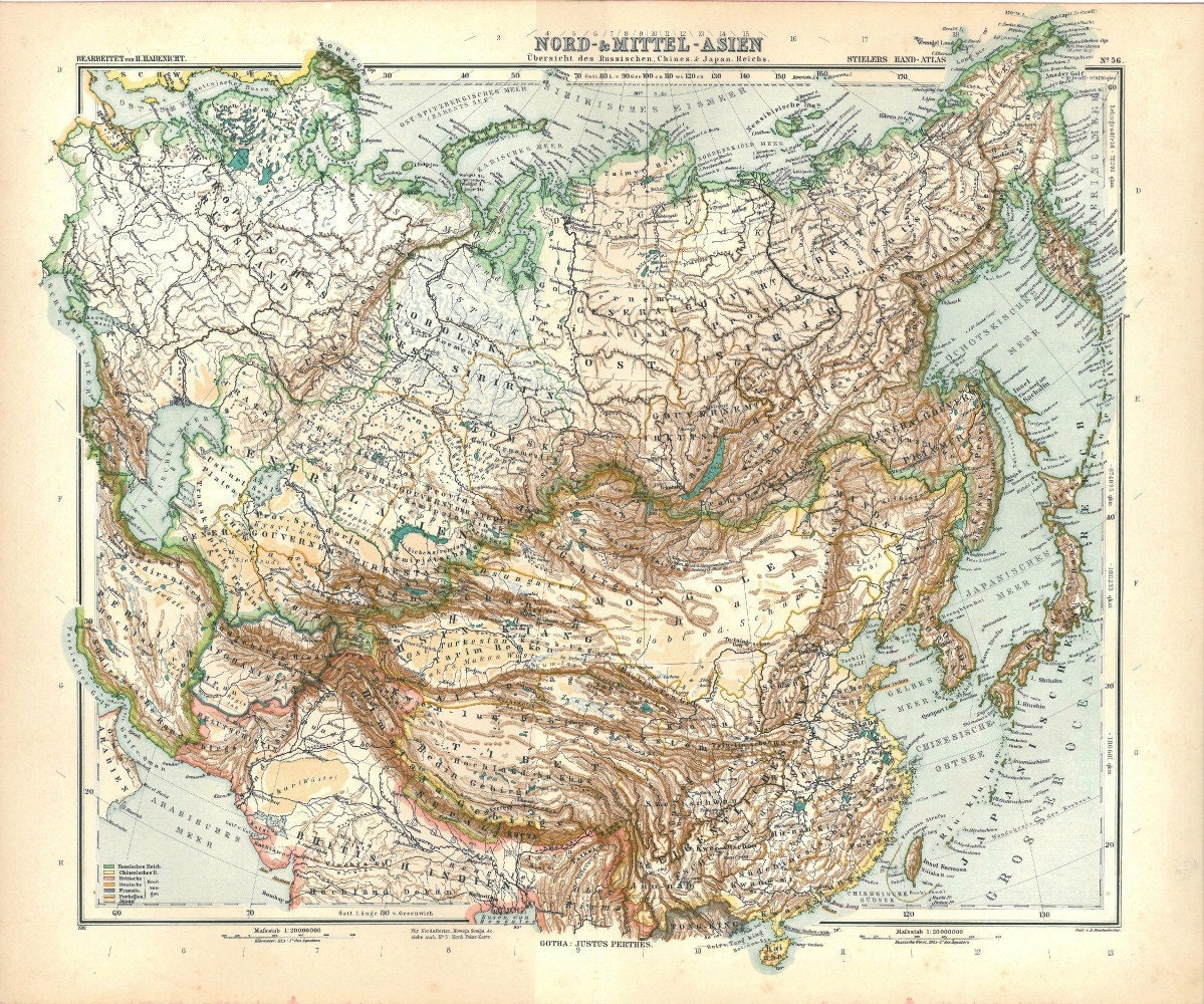 1912 Asia Vintage Map,  Northen and Central Asia, Physical Map, Stieler
