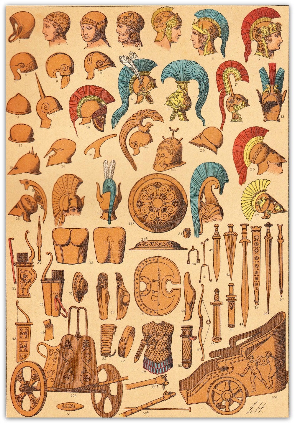 Ancient Greek Weapons and Carts Chromolithograph 1894