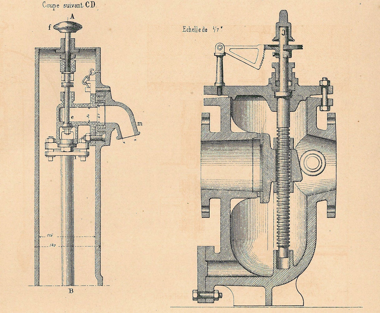 1872 Technical Drawing Water Management Devices Machinery Engineering Antique Print