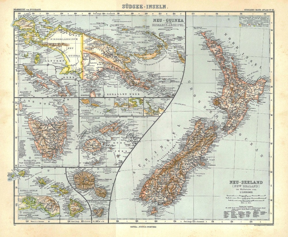 1914 South Pacific Islands Antique Original Map Copper Engraving Stieler