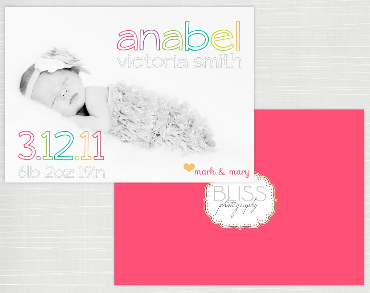 Anabel - 5x7 Photo Birth Announcement Card Photographer PSD Template Boutique Photoshop INSTANT DOWNLOAD