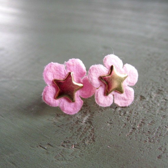 Childrens Earrings Pink Jewelry Yellow Gold Flower Star Dainty Little Girls Pierced Studs