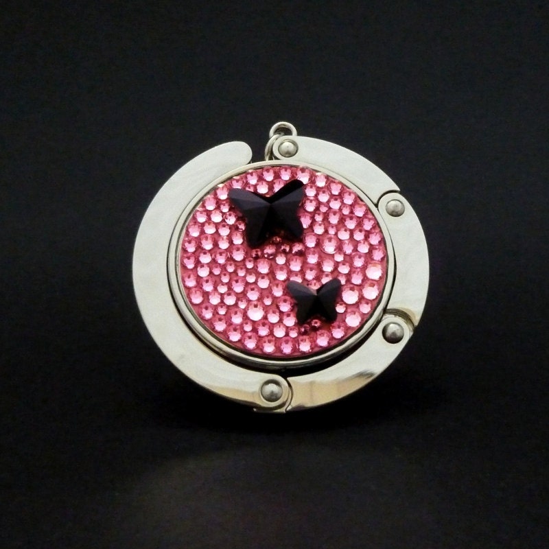 Butterfly foldable bag hanger, purse hook, bag holder made with Swarovski flatback crystals - Pink