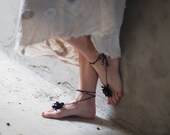 Black Crochet Barefoot Sandals flower with beads gift idea for her mom girl