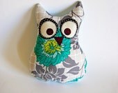 Plush Owl - Odd Owl Blue Flower - Stuffed Animal - Owl Cushion - teal turquoise grey