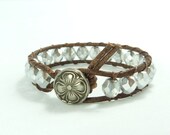Beaded leather wrap bracelet, silver crystal Czech beads, distressed leather, single wrap bracelet, wear alone or with others.