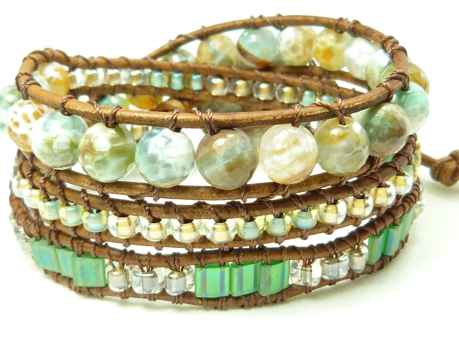 Beaded leather wrap bracelet - triple 3 wrap bracelet - Chan luu style - Gorgeous mint green and caramel brown fire agate.