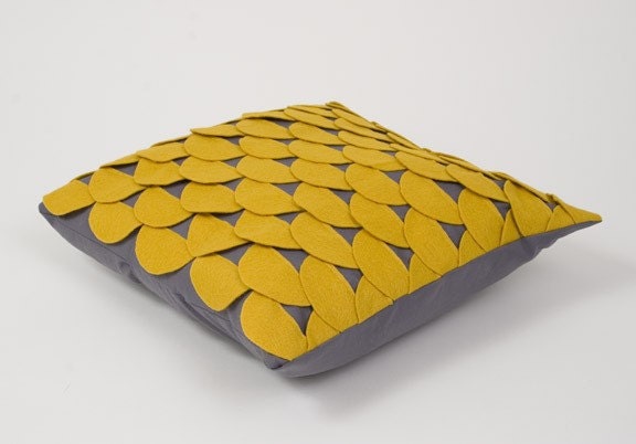 Scallops Pillow Cushion Cover 14 x 14 - Mustard Yellow and Grey Felt Applique