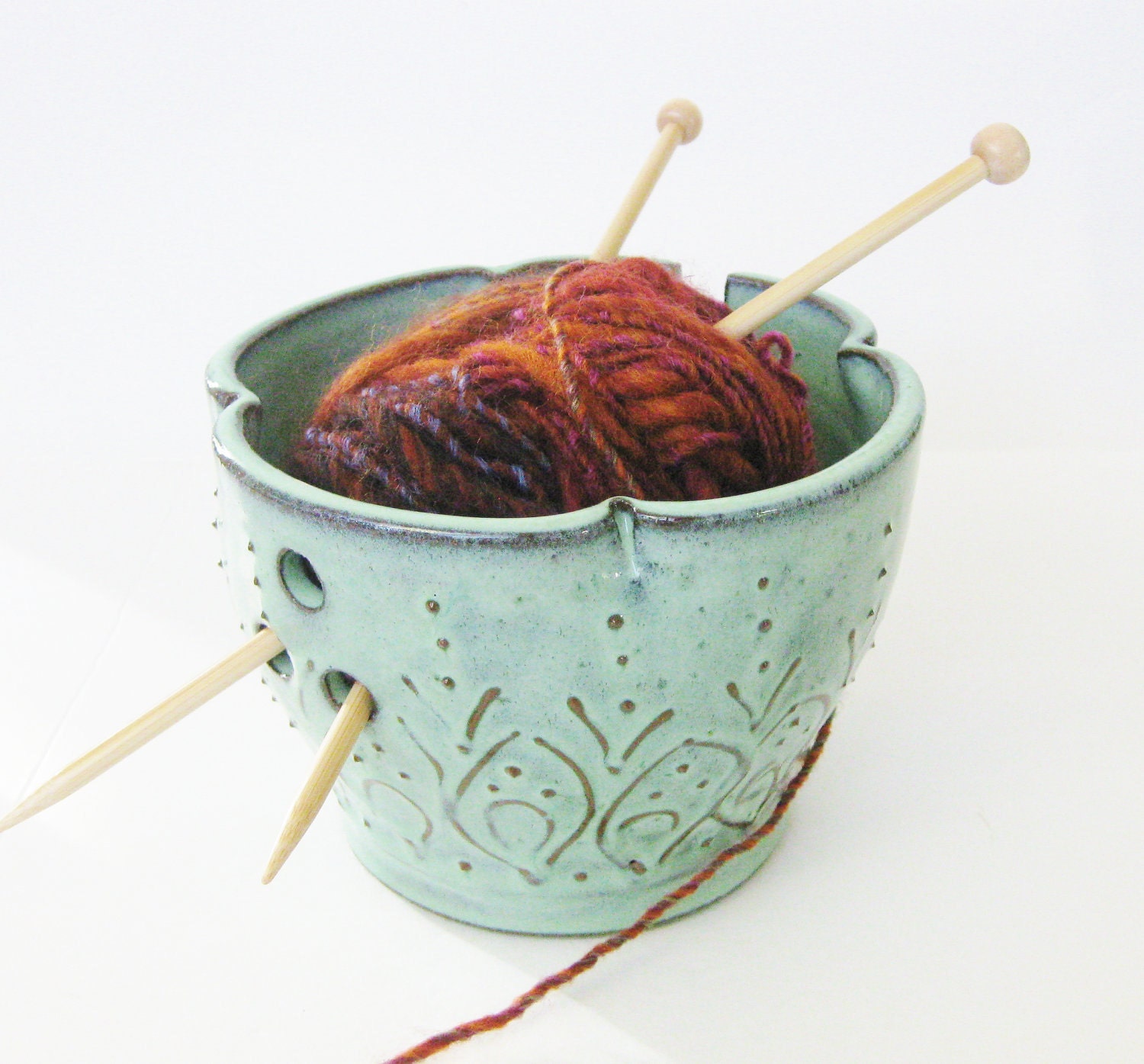 Mediterranean Pottery Yarn Bowl - Aqua Rain Verdigris - OOAK  - Indie Home Decor