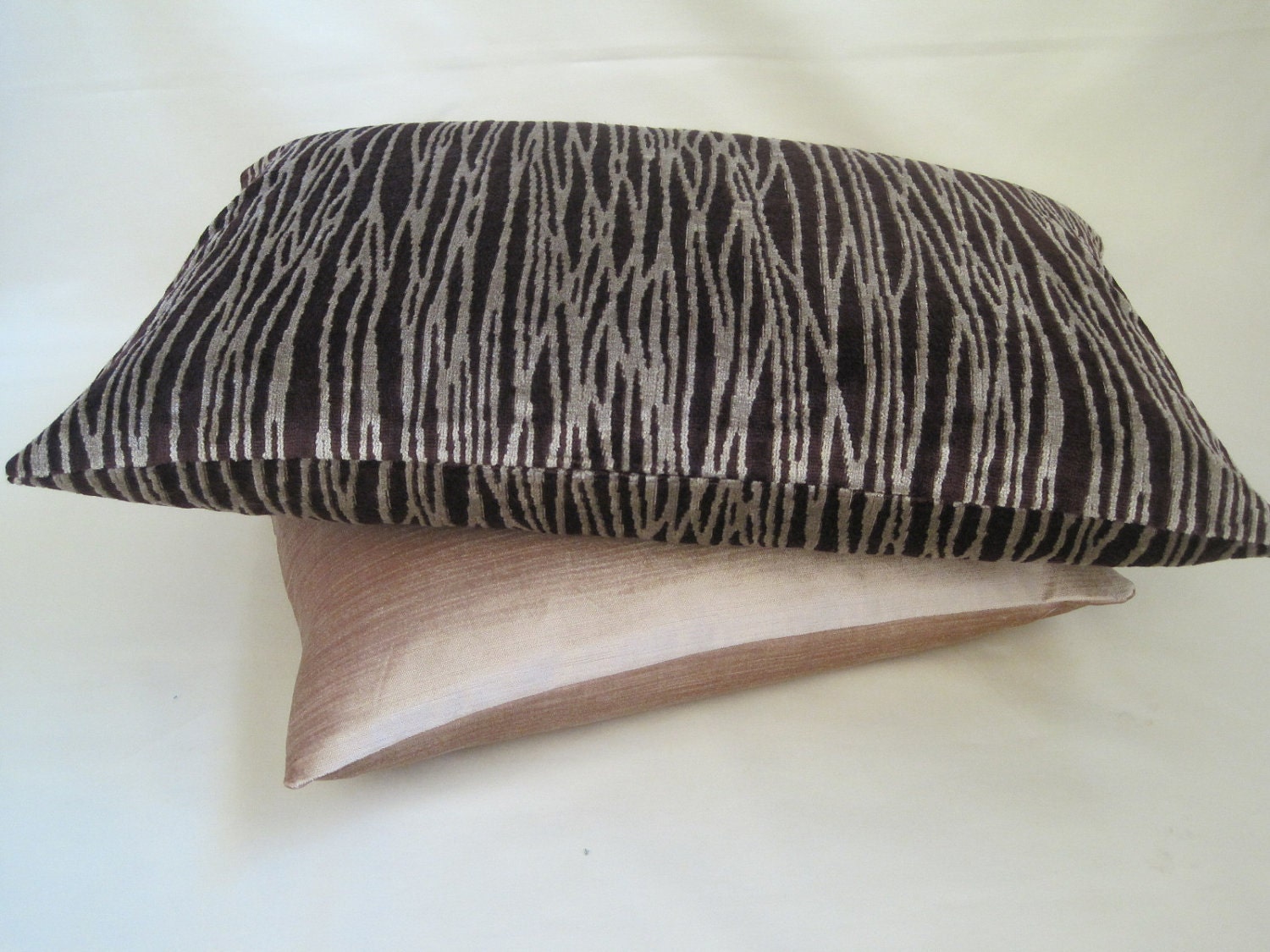 RESERVED - LAUREN ARNOLD 24" x 16" Cushion Cover / Sham: Zebra - Plum / Light Beige striped velvet, Large Rectangle / Lumber Cover.