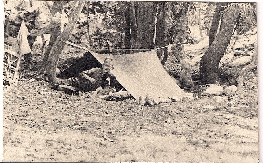 Vintage/ Antique Photo of a boy with his dog and pop up tent camping