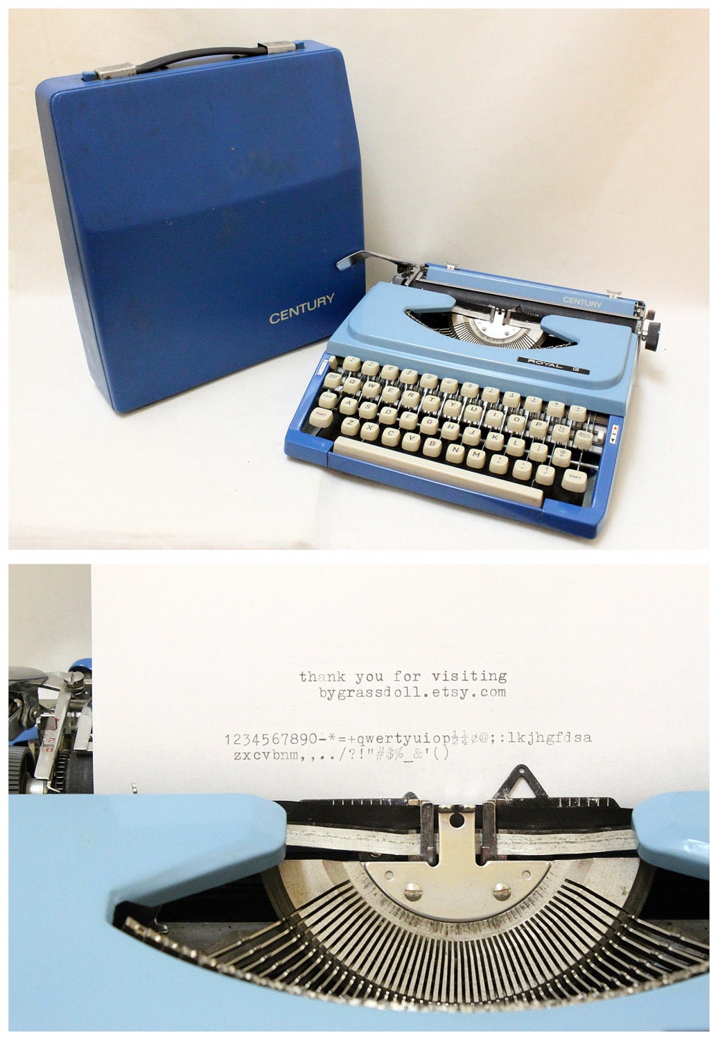 Vintage Royal Century Blue Painting Portable Typewriter with Cover // Made in Japan