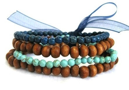 Blue Stretch Elastic Beaded Bracelets, Blue Turquoise and Wood Beaded (QTY 4)- SALT WATER