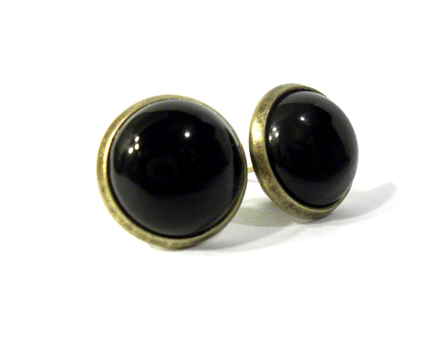 Black Onyx Stud Earrings- Black and Antique Gold Stud Earrings- Natural Stone Earrings