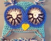 Baby Boy Blue Crochet Owl Animal Beanie Hat SIZE 12 MONTHS-ADULT