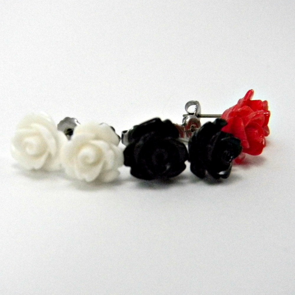 Mod Earring Trio Fire Engine Red, Glossy White, & Jet Black Roses Titanium Post Stud Earrings Hypoallergenic Sensitive Skin Jewelry