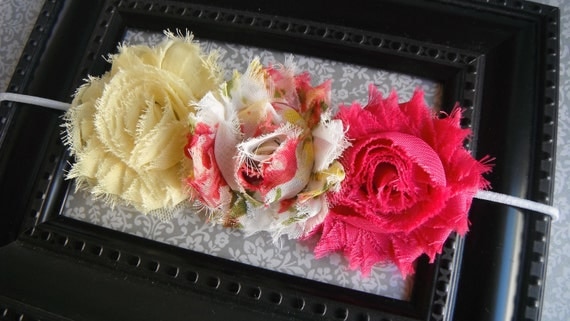 FREE SHIPPING - Shabby Chic Newborn Headband-Baby Headband-Toddler-Infant-Adult-Photo Prop- Headband- Shabby Flowers Headband on Elastic