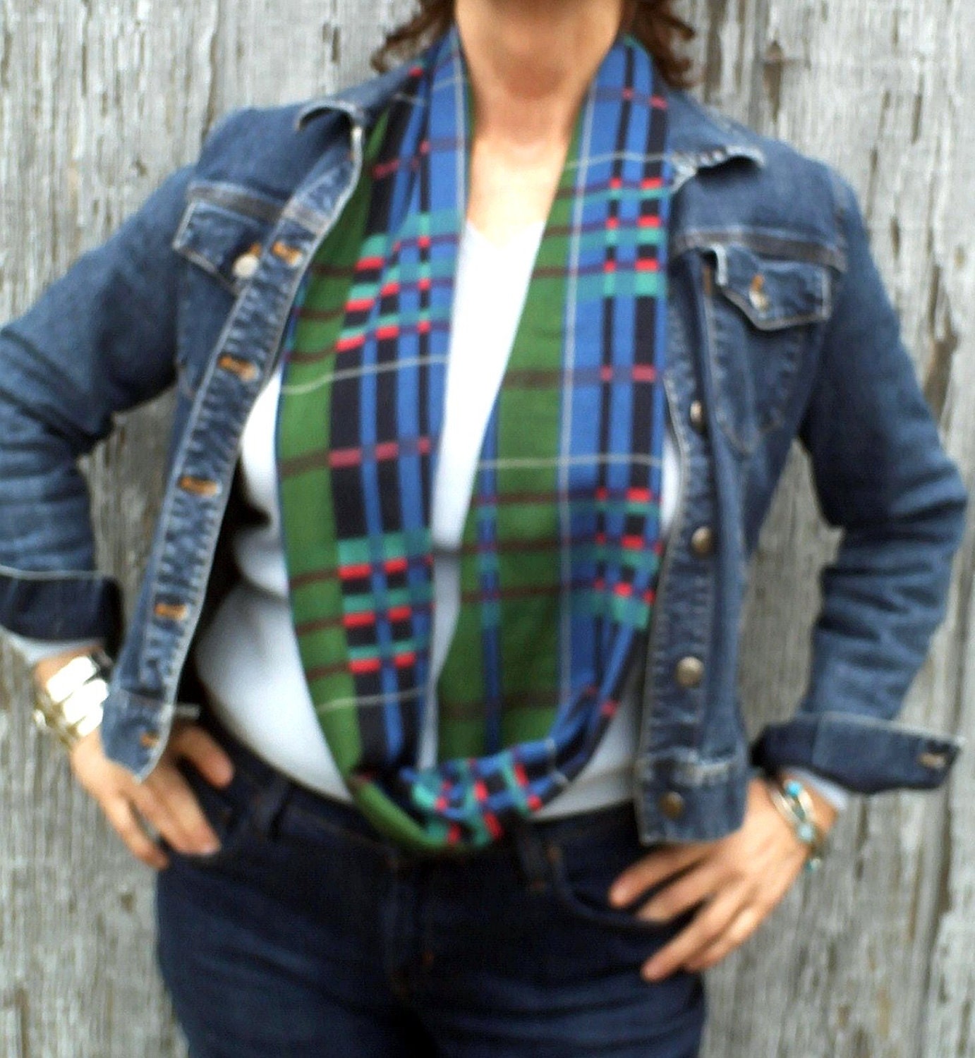 Infinity Scarf, Circle Scarf for Men or Women, Green and Blue Challis Plaid, Perfect Spring Time Scarf, Handmade Infinity Scarves