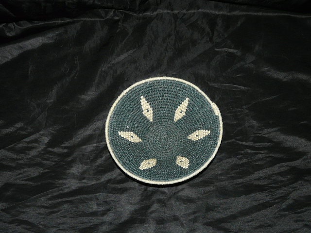 Vintage Dark Green Light Brown Diamond African Basket Bowl Weave Woven Organic Natural Style