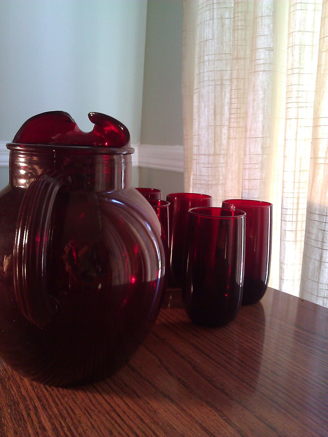 Ruby Red Pitcher and 8 Roly Poly Tumblers