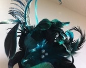 MISCHA - Teal, Turquoise & Black Feather Hair Clip / Fascinator with Smoke Glass Pearls