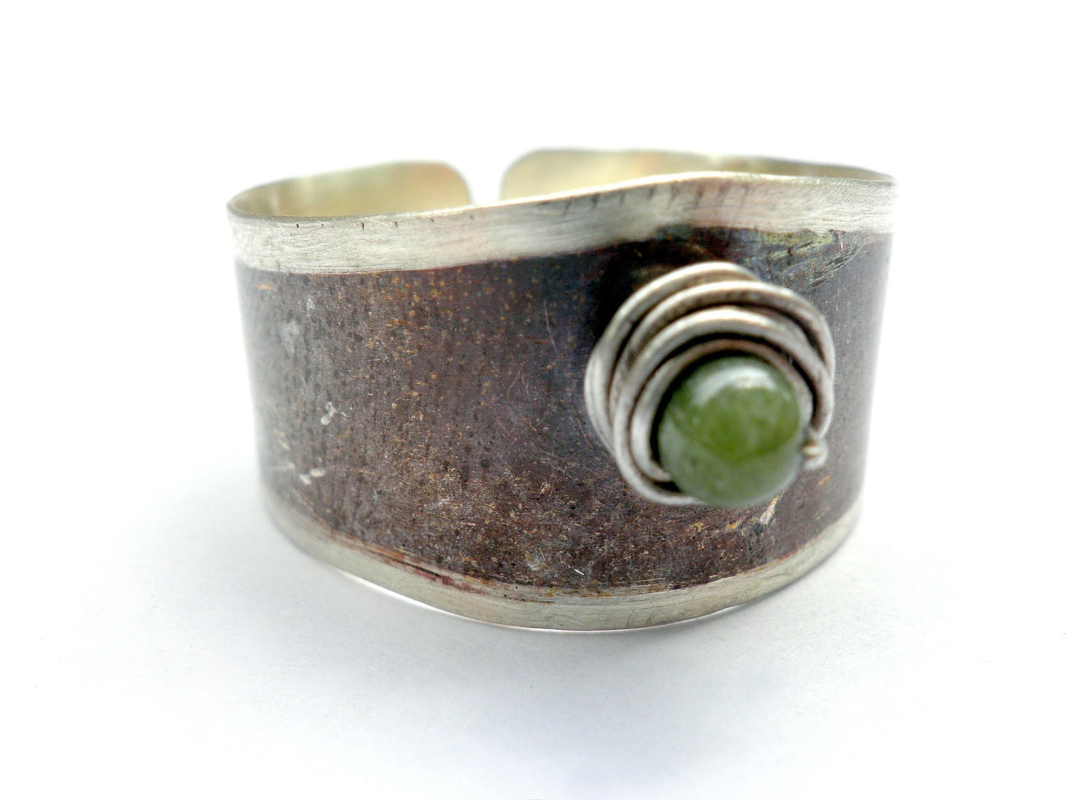 Sterling Silver Ring with wire-wrapped Jade bead - Unique oxidized modern - CUSTOM MADE