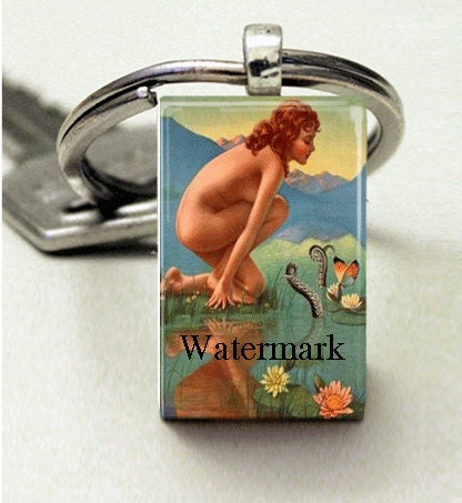 Keychain Domino Size Glass Metal Frame Key Chain-Fantasy Woman Octopus Surreal