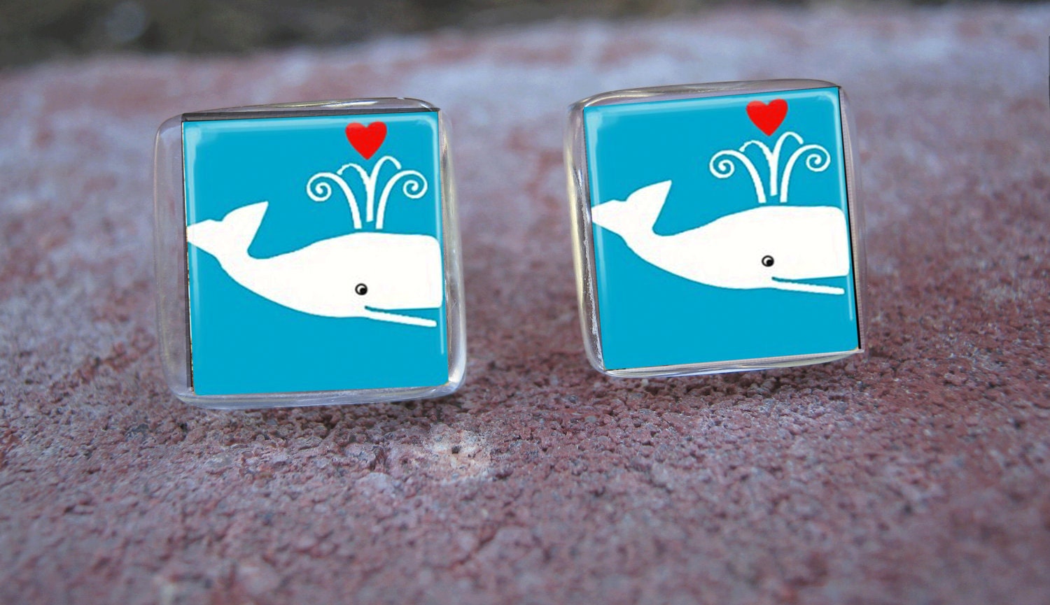 Glass Tile Post Earrings-Cute Whale with Heart Nautical Ocean Sea