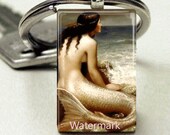 Domino Size Glass Metal Frame Key Chain-Mermaid of the Ocean Nautcial Fantasy Sea