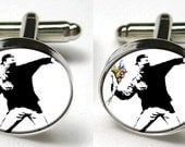 Silver Bezel CuffLinks Glass Round Banksy Protester Flowers Bouquet graffiti Men Wedding