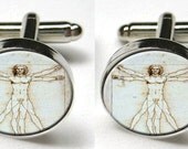 Silver Bezel CuffLinks Glass Round Vitruvian Man Art Da Vinci