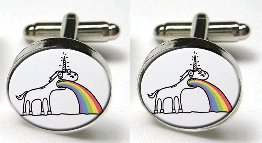 Silver Bezel CuffLinks Glass Round -Vomiting Unicorn-Rainbow Fantasy Humor Weird Cool Unisex